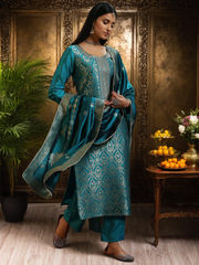 Light Teal Silk Kurta Set with Embroidery & Jacquard Dupatta | Partywear & Ethnic Collection for Women in Malaysia