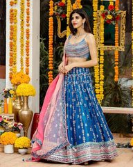 Blue chinon silk thread sequence wedding lehenga choli