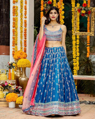 Blue chinon silk thread sequence wedding lehenga choli