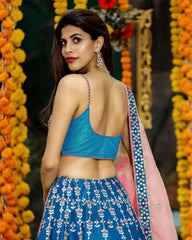 Blue chinon silk thread sequence wedding lehenga choli