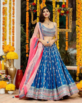 Blue chinon silk thread sequence wedding lehenga choli