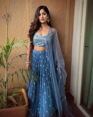 Dark sky blue faux georgette wedding Lehenga choli