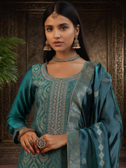 Light Teal Silk Kurta Set with Embroidery & Jacquard Dupatta | Partywear & Ethnic Collection for Women in Malaysia