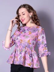 Pink Printed Bell-Sleeve Tunic for Women – Stylish Cotton 3/4 Sleeve Top | Trendy Casual & Office Wear Malaysia 2025