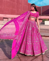 Pink satin silk traditional wedding lehenga choli