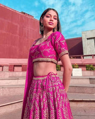 Pink satin silk traditional wedding lehenga choli