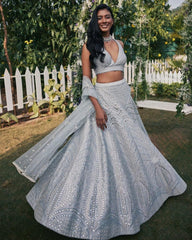 Grey banglori silk embroidery wedding lehenga choli