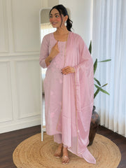 PINK COLOURED WOMEN'S PURE COTTON KURTA WITH PANT DUPATTA SET