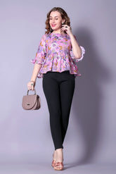 Pink Printed Bell-Sleeve Tunic for Women – Stylish Cotton 3/4 Sleeve Top | Trendy Casual & Office Wear Malaysia 2025
