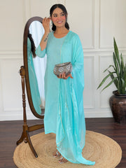 SKY COLOURED WOMEN'S PURE COTTON KURTA WITH PANT DUPATTA SET