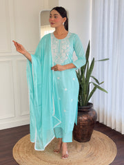 SKY COLOURED WOMEN'S PURE COTTON KURTA WITH PANT DUPATTA SET