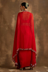 Red draped skirt with embroidered crop top & cape