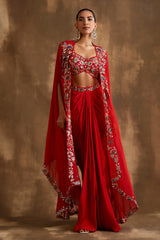 Red draped skirt with embroidered crop top & cape