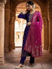 Violet Silk Kurta Set with Embroidery & Jacquard Bottom Dupatta | Designer Partywear & Ethnic Collection Malaysia