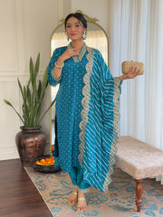 BLUE COLOURED WOMEN'S REYON EMBROIDERED KURTA WITH PANT DUPATTA SET