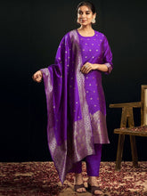 Violet & Gold Silk Blend Jacquard Woven Kurta Set with Trousers & Dupatta | Elegant Indian Ethnic Wear for Women Malaysia
