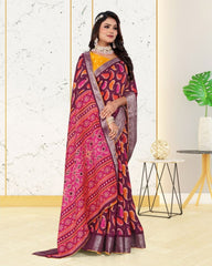 Jacquard Contrast Piping Border Cotton saree with blouse for women