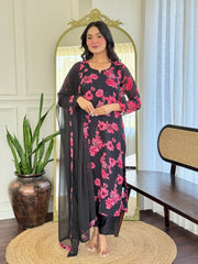BLACK COLOURED WOMEN'S GEORGETTE KURTA WITH PANT DUPATTA SET