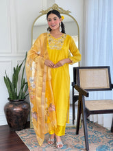 RADHA YELLOW COLOURED WOMEN'S VISCOSE CHINNON KURTA WITH PANT DUPATTA SET