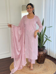 PINK COLOURED WOMEN'S PURE COTTON KURTA WITH PANT DUPATTA SET
