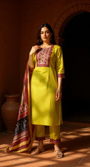 YELLOW COLOURED WOMEN'S VISCOSE RAYON KURTA WITH DUPATTA SET