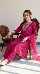 PINK COLOURED WOMEN'S POLYSTER KURTA WITH DUPATTA SET