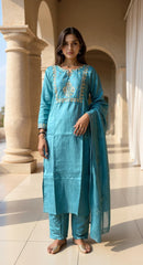 BLUE COLOURED WOMEN'S POLYSTER KURTA WITH DUPATTA SET