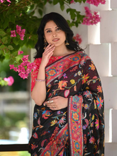 Kashmiri Weaving Multiple color thread weaving pure zari weaving black saree