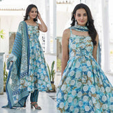 Premium Blue Printed Anarkali Style Chanderi Suit