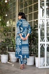 Maryam Teal Blue Cotton Kurta with Bottom | Digital Printed | Casual & Office Wear – Malaysia