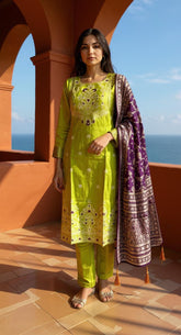 LIME GREEN COLOURED WOMEN'S POLYSTER KURTA WITH DUPATTA SET