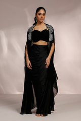 Black Dhoti Skirt with Blouse & Embroidered Cape Set