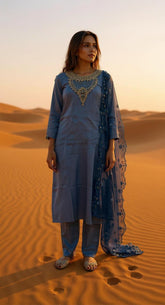 BLUE COLOURED WOMEN'S POLYSTER KURTA WITH DUPATTA SET