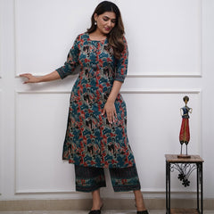 Sara Teal Cotton Kurta with Bottom | Digital Printed 2-Piece Set | Comfortable Casual & Office Wear Kurta – Malaysia