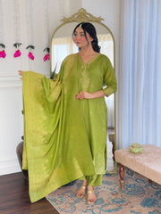 GREEN COLOURED WOMEN'S VISCOSE JACQUARD KURTA WITH PANT DUPATTA SET