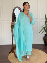 SKY COLOURED WOMEN'S PURE COTTON KURTA WITH PANT DUPATTA SET