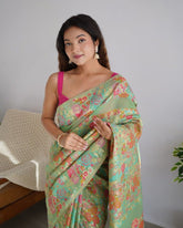 Kashmiri Weaving Multiple color thread weaving pure zari weaving Pista coloured saree