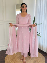 PINK COLOURED WOMEN'S PURE COTTON KURTA WITH PANT DUPATTA SET