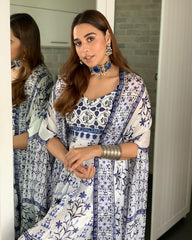 Beautiful Satin Georgette Moroccan Print Dhoti Skirt Set