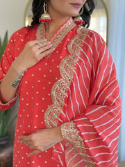 ORANGE COLOURED WOMEN'S REYON EMBROIDERED KURTA WITH PANT DUPATTA SET