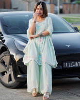 SKY COLOURED WOMEN'S FAUX GEORGETTE EMBROIDERY KURTA WITH PANT DUPATTA SET