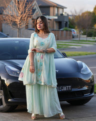 SKY COLOURED WOMEN'S FAUX GEORGETTE EMBROIDERY KURTA WITH PANT DUPATTA SET