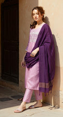 LAVENDER COLOURED WOMEN'S POLYSETER KURTA WITH DUPATTA SET
