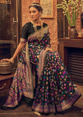Kashmiri Weaving Multiple color thread weaving pure zari weaving black coloured saree