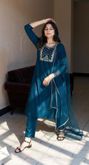 BLUE COLOURED WOMEN'S VISCOSE RAYON KURTA WITH DUPATTA SET