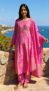 PINK COLOURED WOMEN'S POLYSTER KURTA WITH DUPATTA SET
