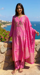 PINK COLOURED WOMEN'S POLYSTER KURTA WITH DUPATTA SET