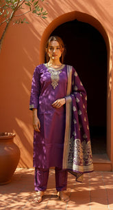 WINE COLOURED WOMEN'S POLYSTER KURTA WITH DUPATTA SET