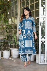 Maryam Teal Blue Cotton Kurta with Bottom | Digital Printed | Casual & Office Wear – Malaysia