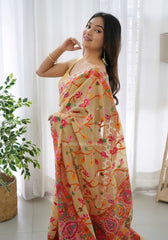 KASHMIRI WEAVING MULTIPLE COLOR THREAD WEAVING PURE ZARI WEAVING LIGHT YELLOW